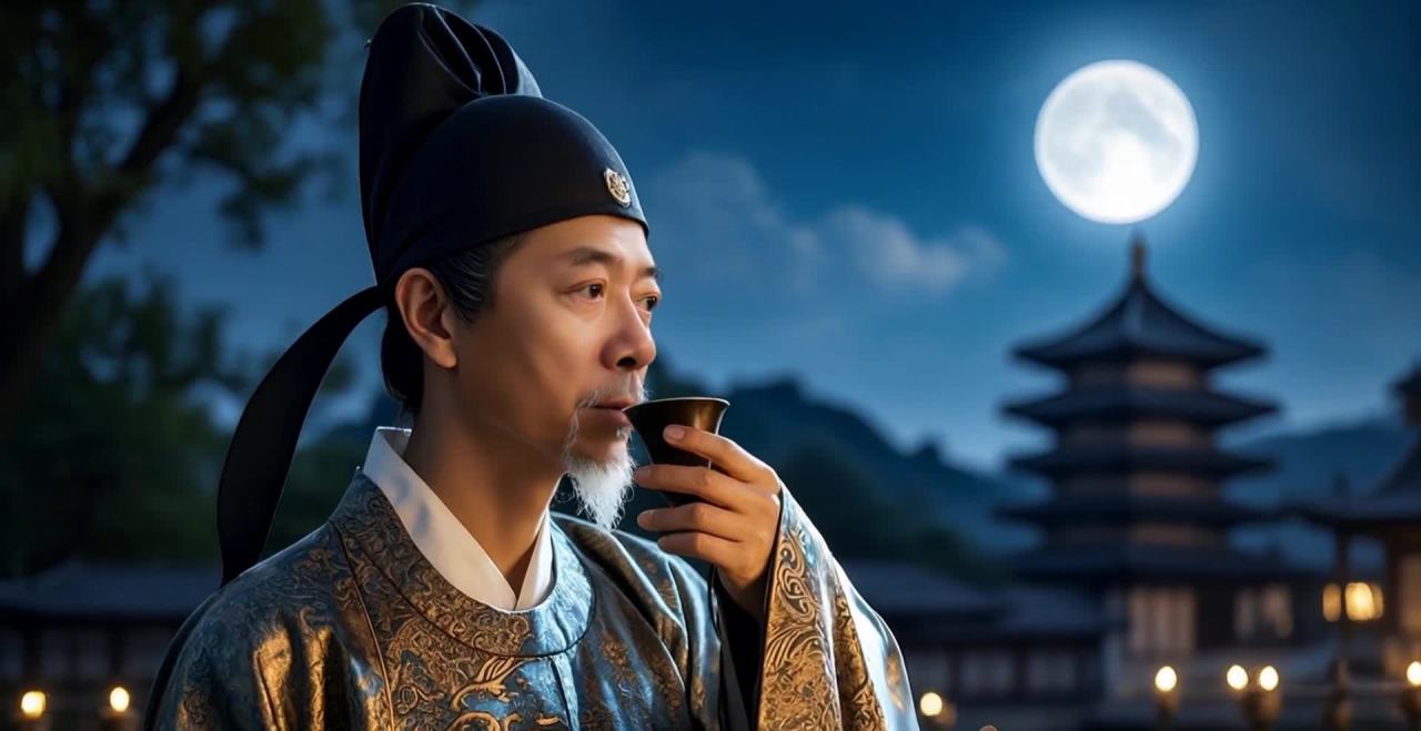 一名留有胡须的男子穿着古装，戴着黑色帽子，手持黑色