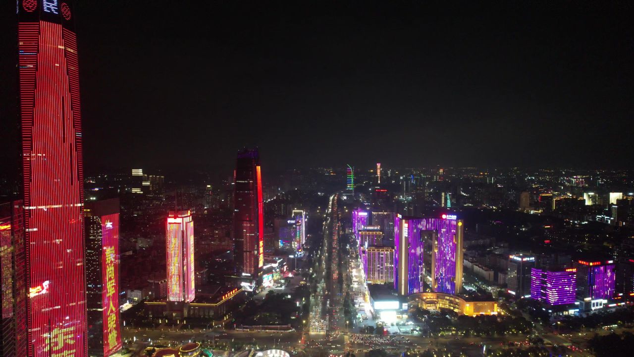 广东东莞鸿福路CBD城市夜景灯光航拍 