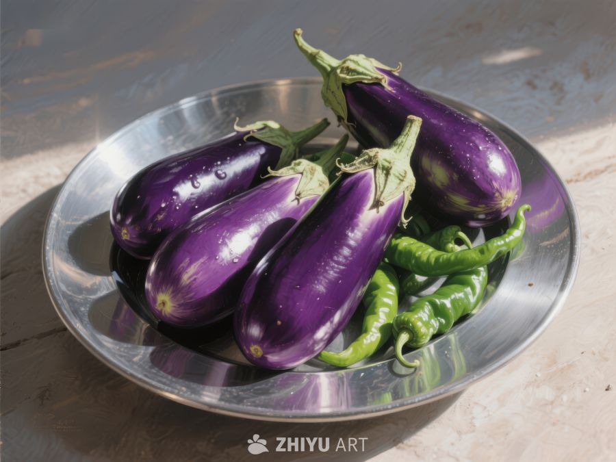 盘中紫茄与绿椒 281