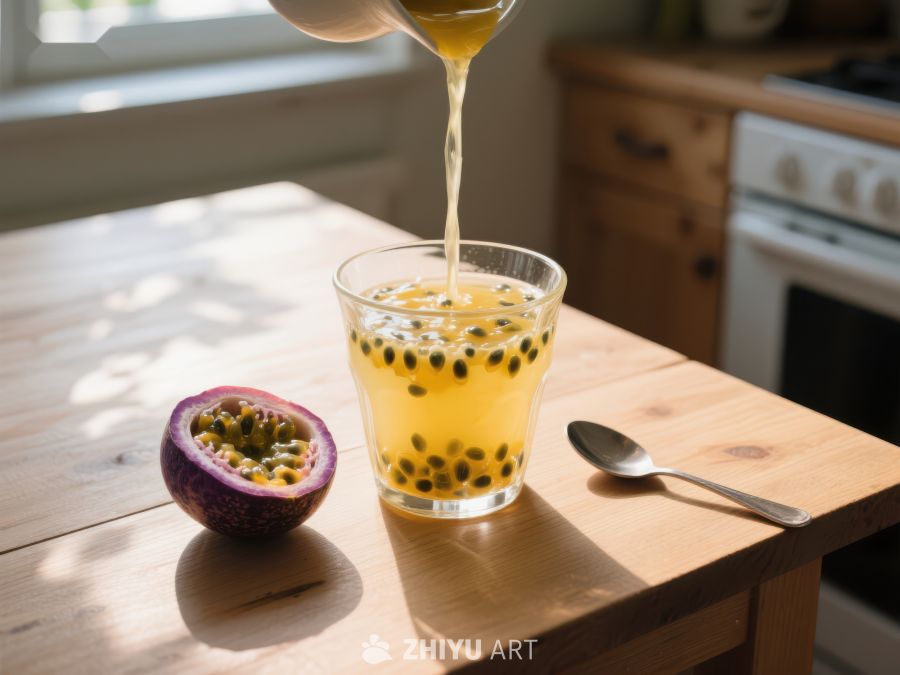 百香果汁倒入玻璃杯 10