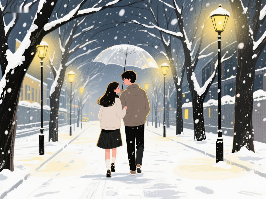 雪夜漫步的情侣 913