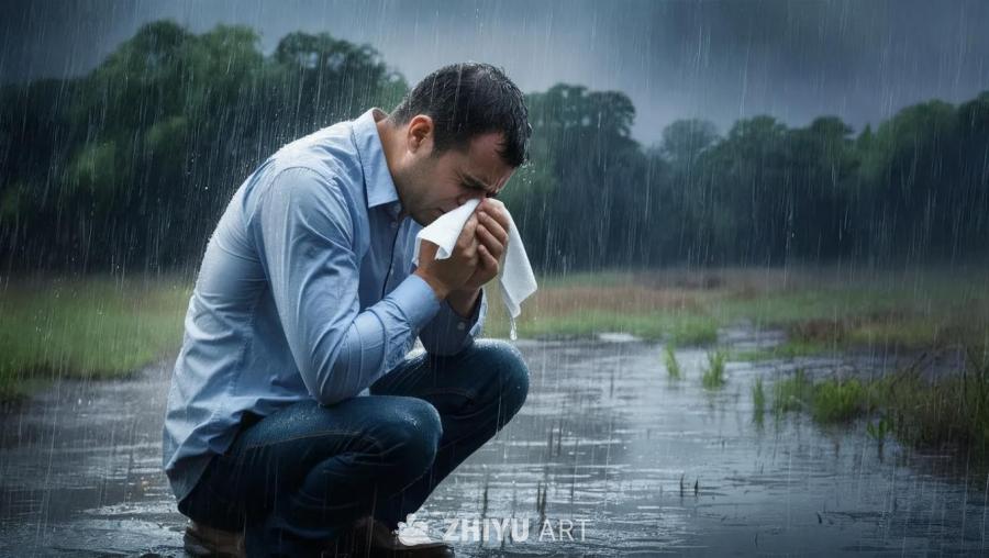 下着雨，一个穿着蓝色衬衫和牛仔裤的男人蹲在水面上，