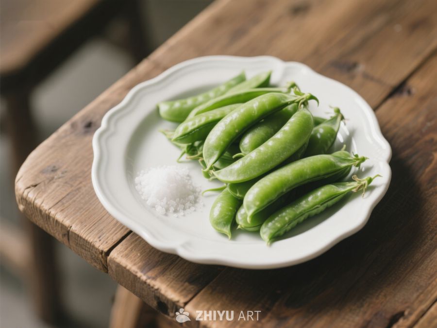 新鲜豌豆与盐粒置于白盘 544