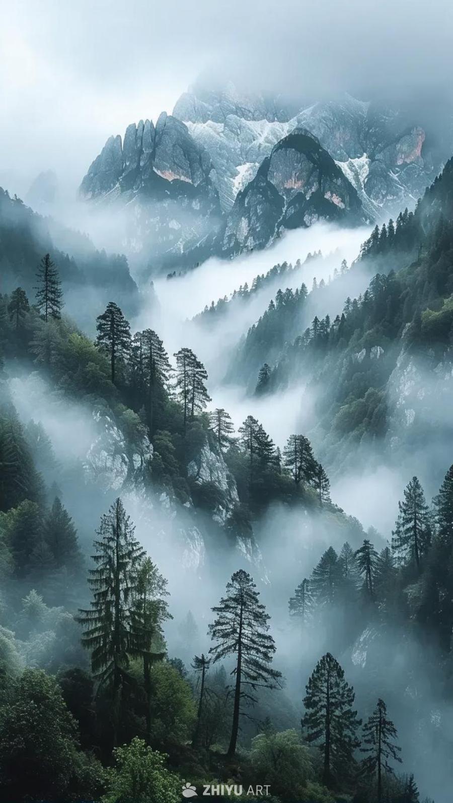 山脉隐约可见，笼罩在一片薄雾之中。画面主要为灰度，