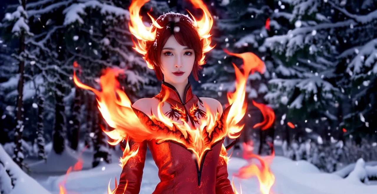红衣红发女子火焰环绕雪地中绽放