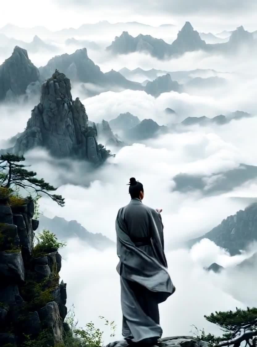 一位身穿灰色长袍，头戴发髻的男子站在山顶，背对着观