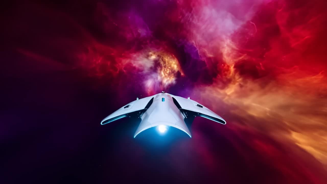 一艘流线型的宇宙飞船正穿越一个充满红色、紫色和金色
