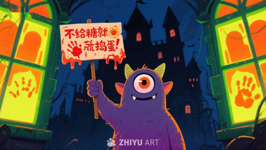 卡通怪物手持标语牌，背景为万圣节城堡