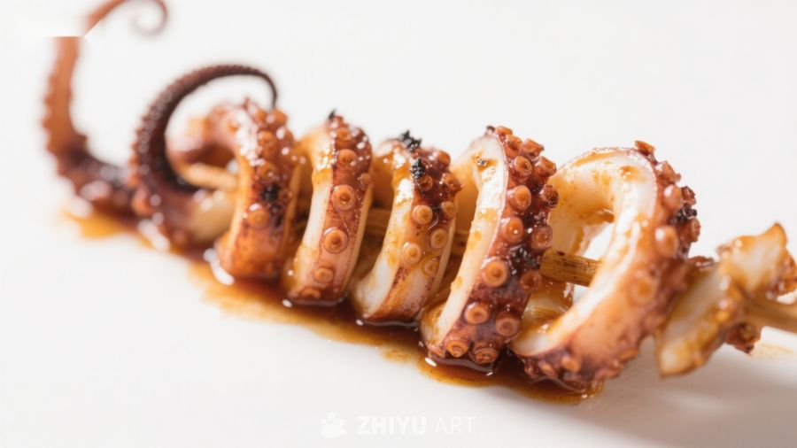 烤制鱿鱼串特写