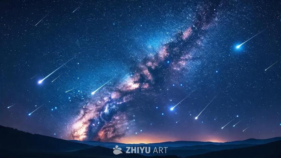 一片漆黑的夜空中，闪耀的流星划过天际，一些不明飞行