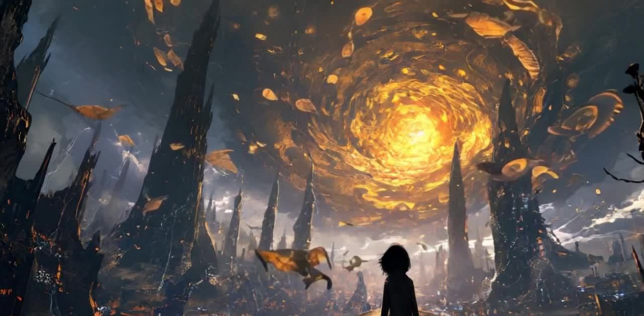 天空呈现一个金色旋涡，旋涡中心发出强烈的光芒。画面