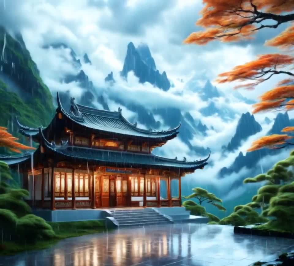 一座中国传统风格的建筑伫立在雨中，建筑的屋顶呈黑色