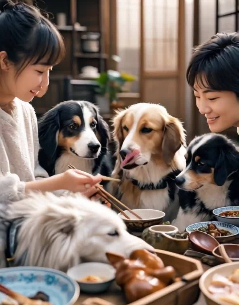 两女子与三狗围坐餐桌，共享美食欢聚时光。