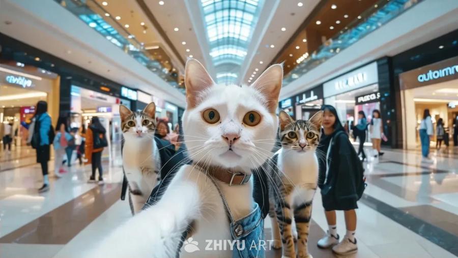一只穿着牛仔短裤的白色小猫，戴着棕色项圈，在商场里