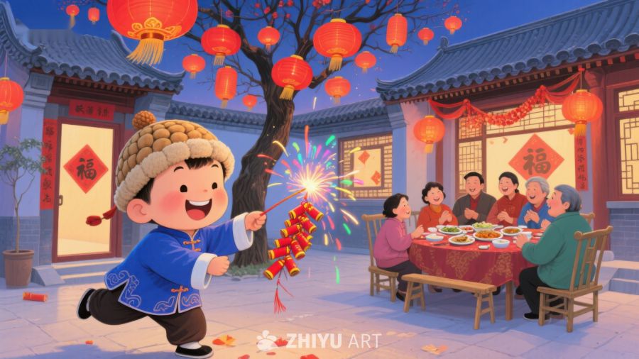 新年家庭欢聚，孩童燃放鞭炮 1055