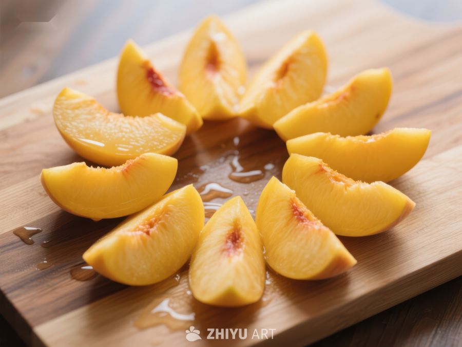 新鲜切片的桃子排列在木制砧板上 673