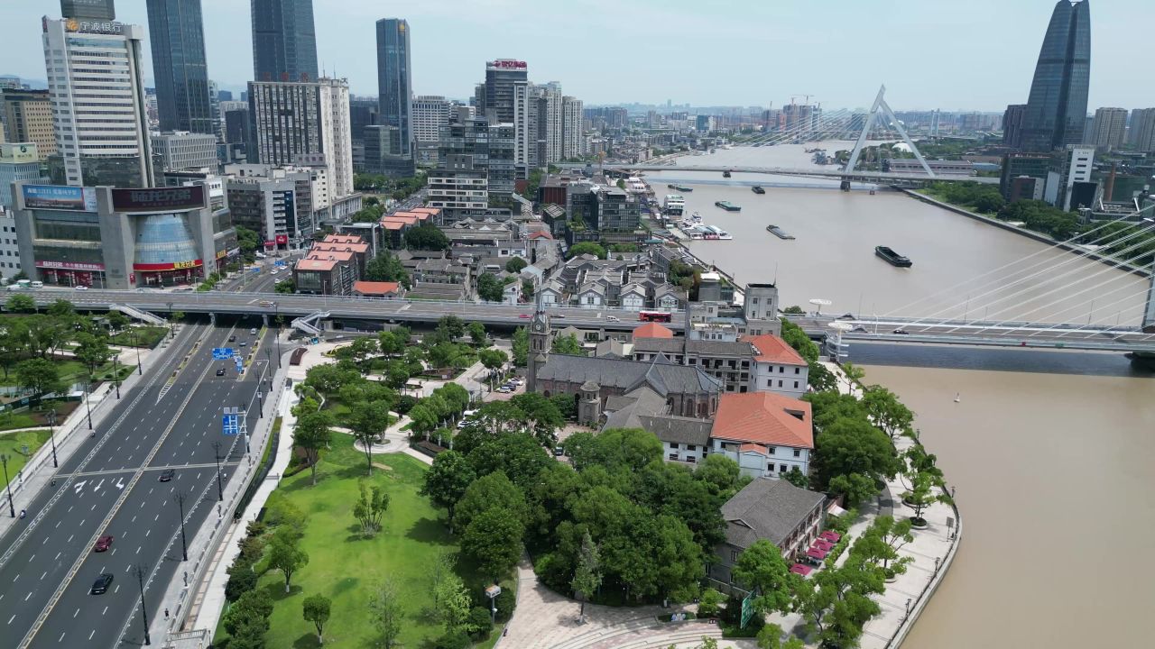 航拍浙江宁波老外滩
