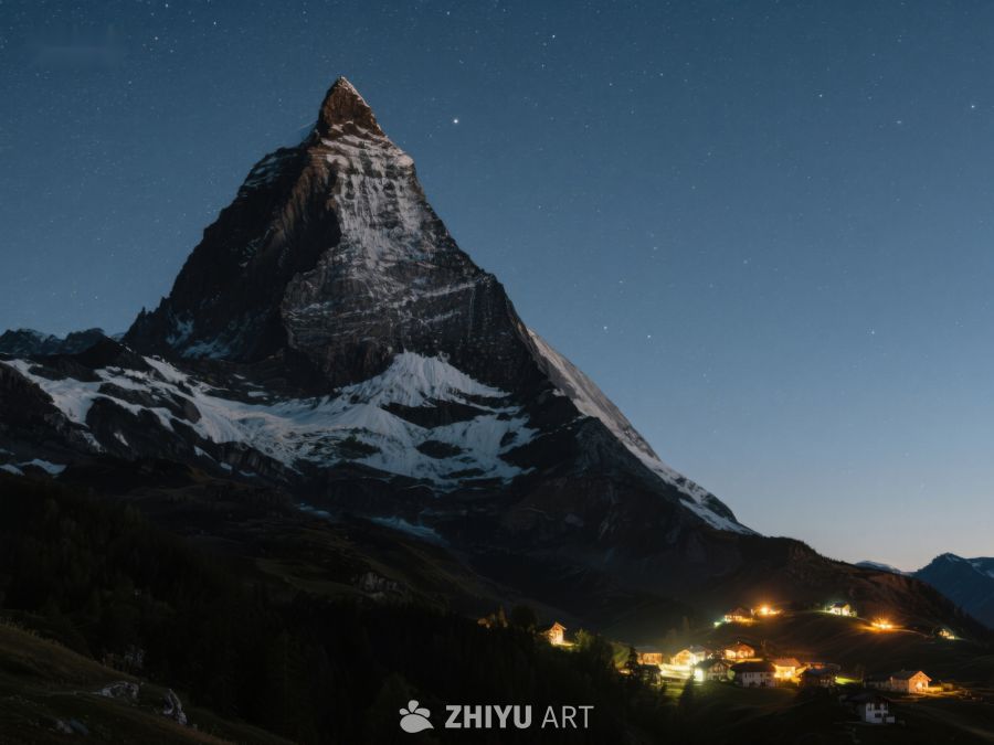 夜幕下的雄伟山峰与灯火村庄 516