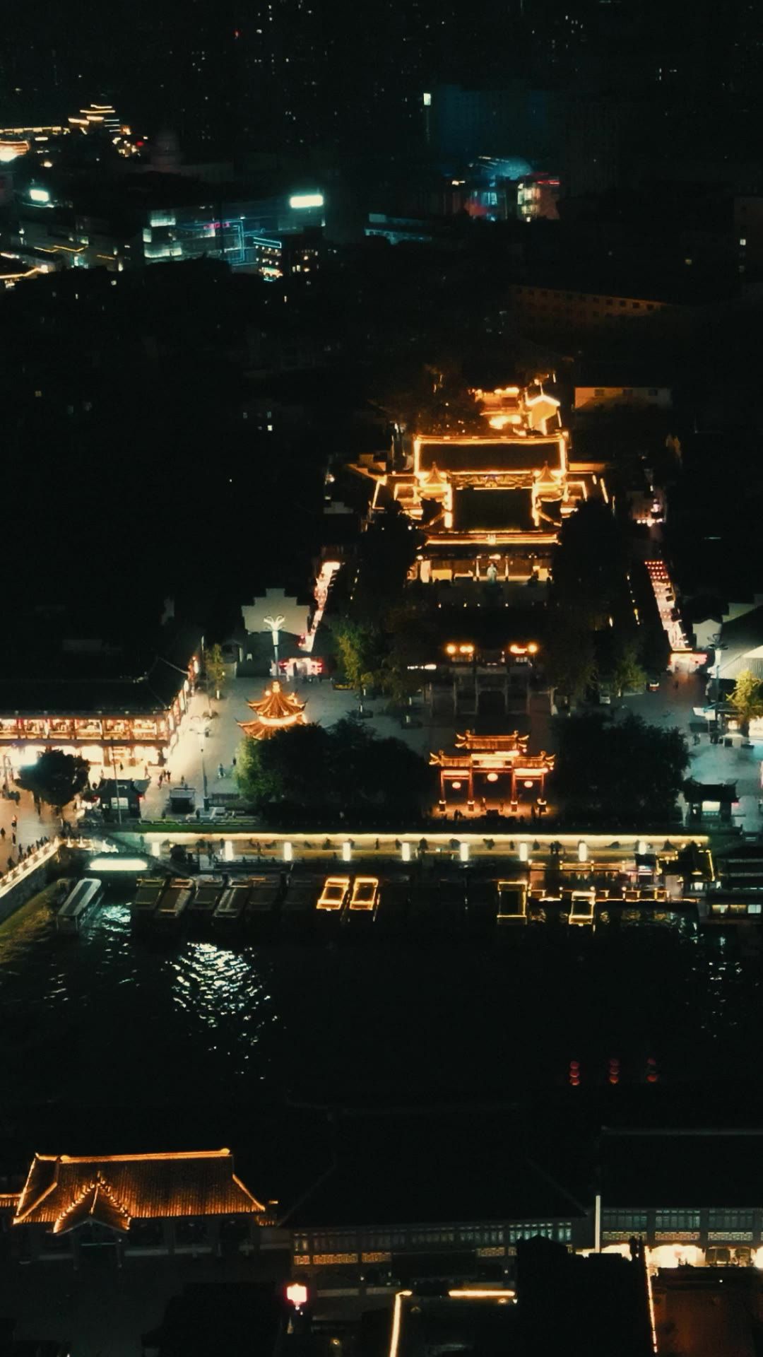 南京夫子庙秦淮河夜景竖屏航拍