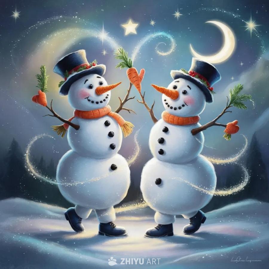 两个雪人在跳舞，他们的身体旋转，手臂抬起，做出活泼