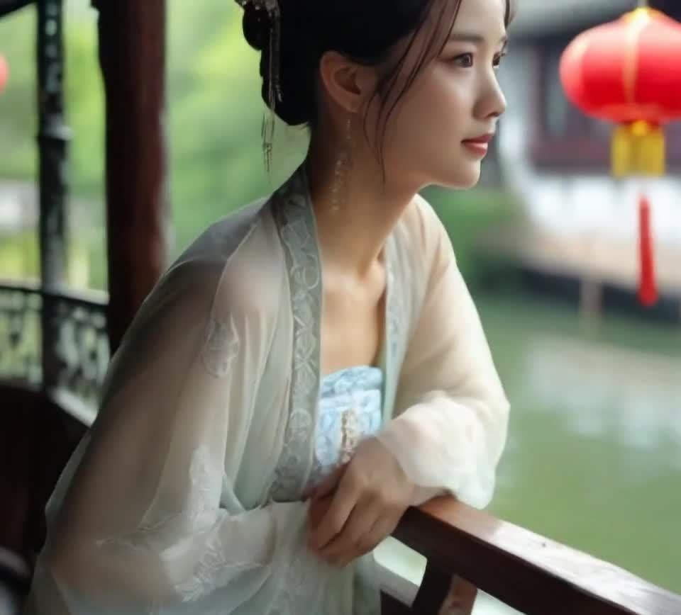 一位身着浅色古装的女子，乌黑的头发盘起，并用发饰点