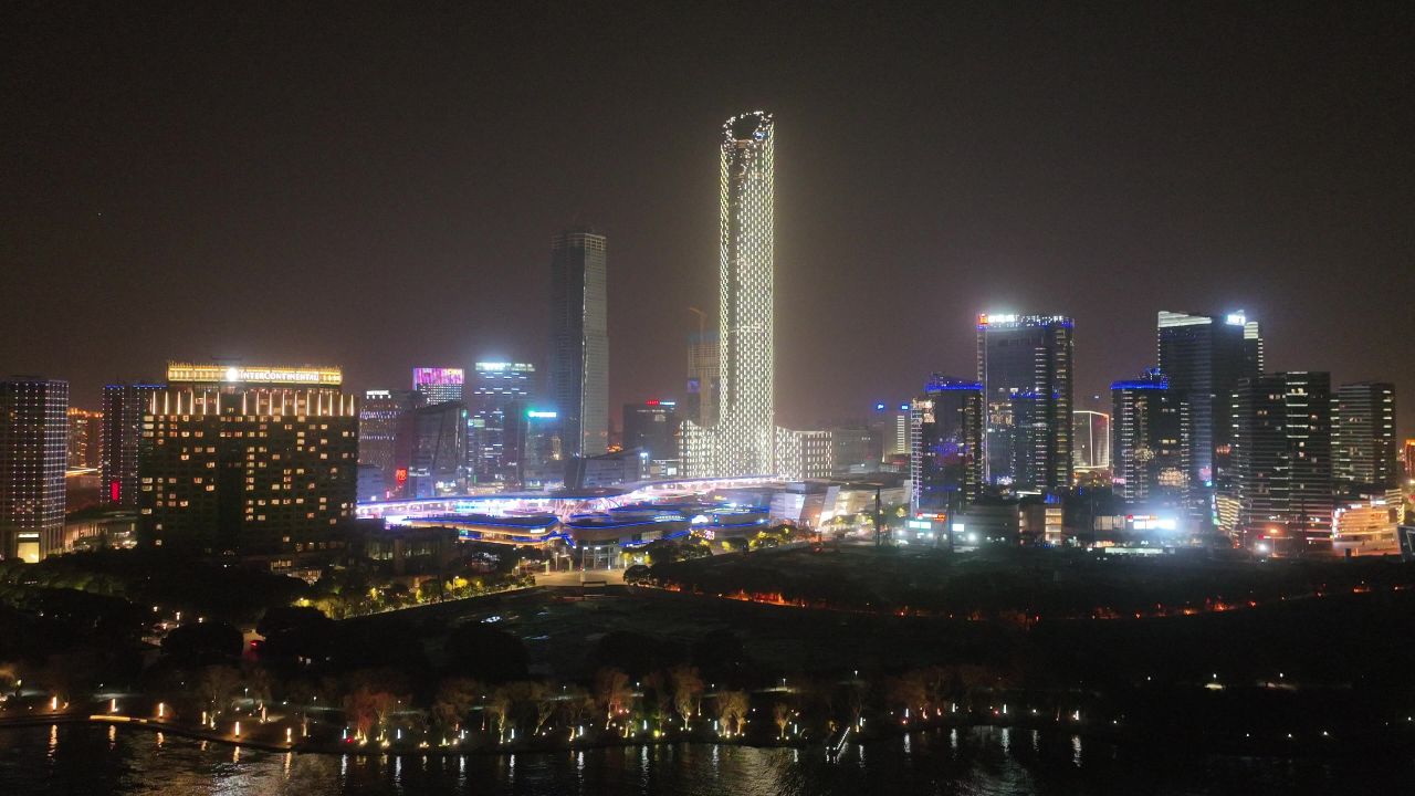 航拍苏州园区夜景