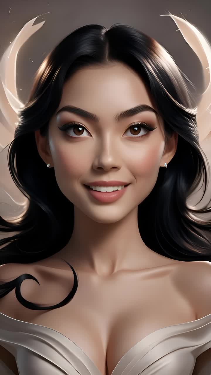 一位有着黑色长发和棕色眼睛的女性，佩戴着耳钉，穿着
