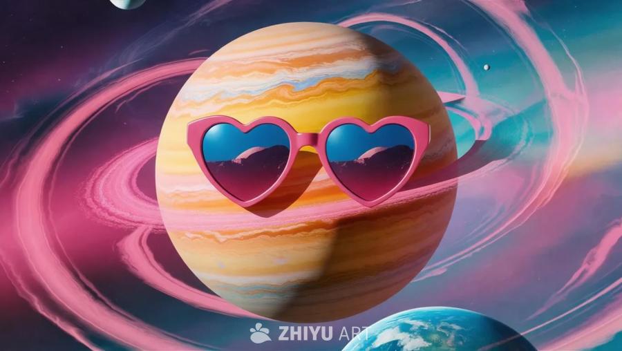 一个黄色/橙色的行星，看起来像金星，周围环绕着粉色