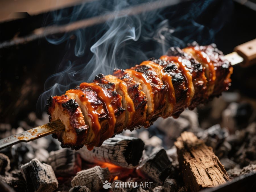 烤肉串在炭火上冒着热气 315