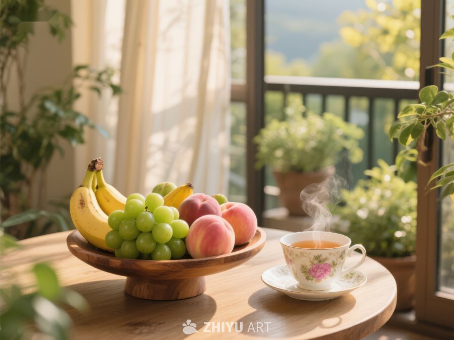 阳光下的水果与热茶 735