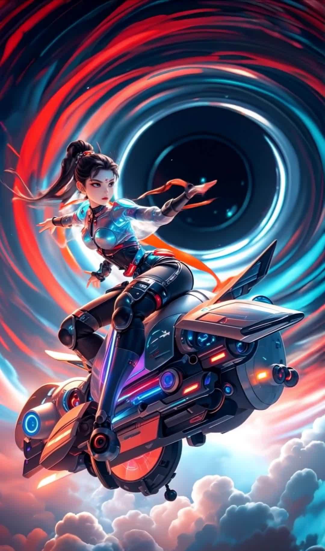 未来女骑士驾驶科幻摩托穿越星云