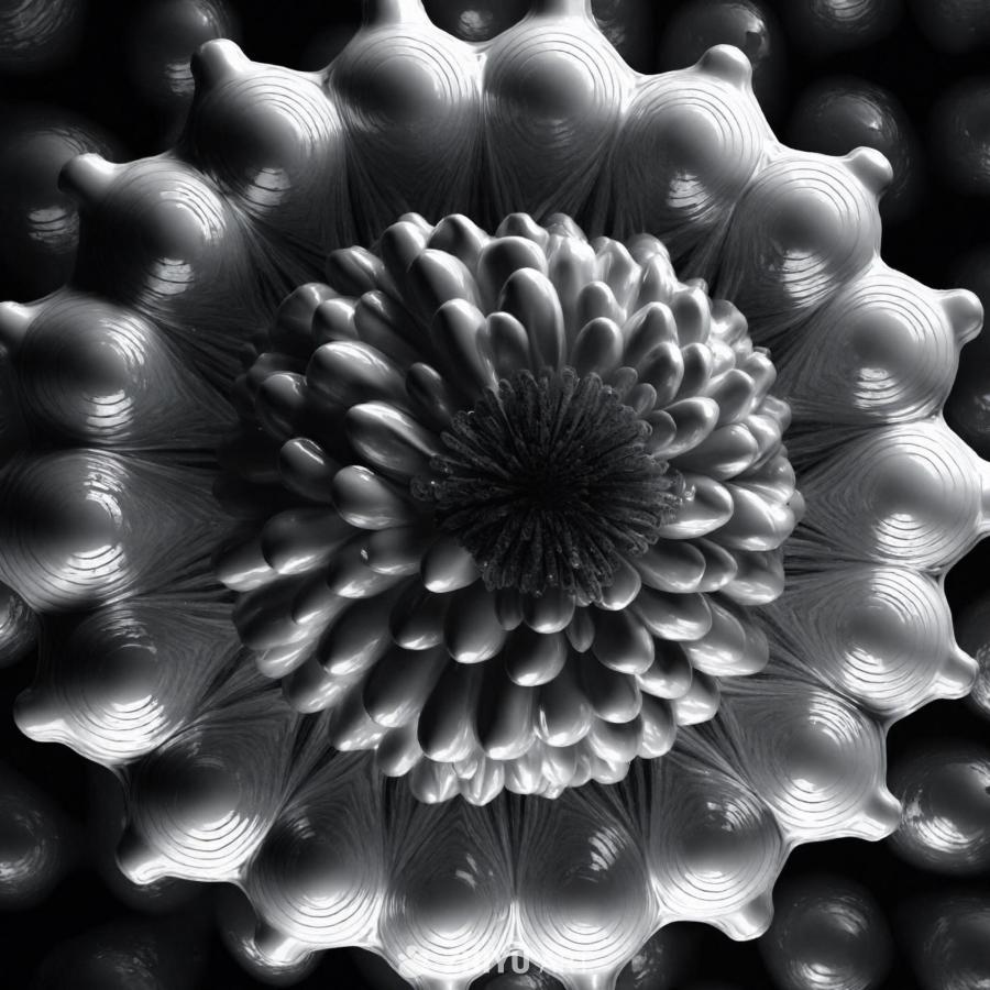 黑白壁纸上呈现一个引人注目的3D花卉造型。花朵复杂