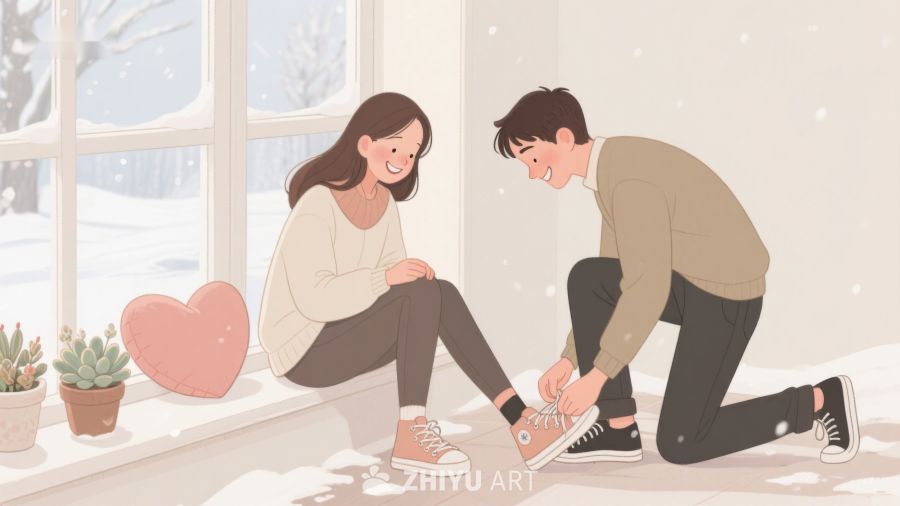 窗边温馨时刻：男子为女子系鞋带 88