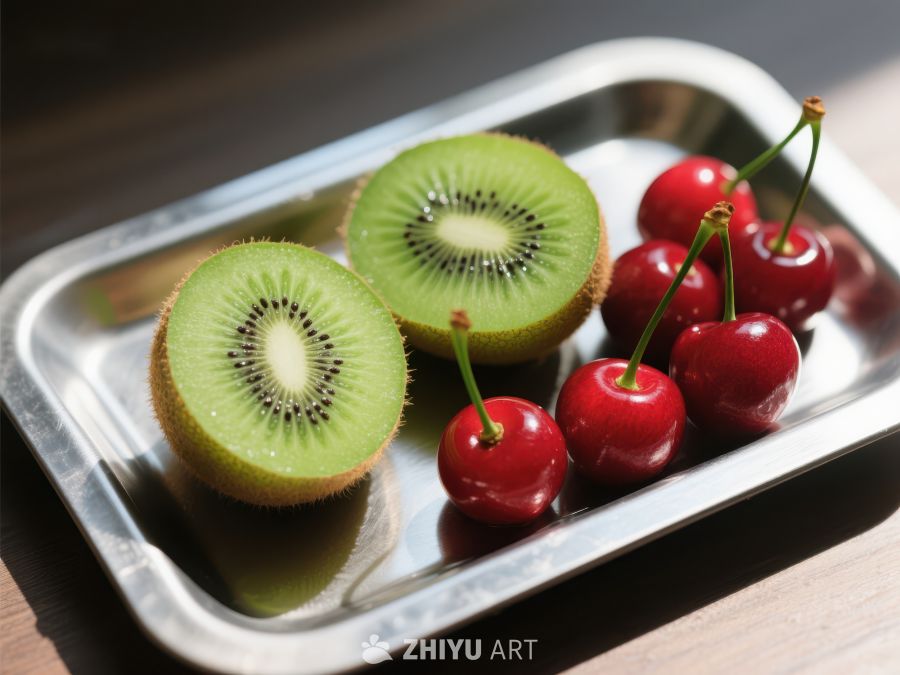 切开的猕猴桃与樱桃置于金属盘中 386