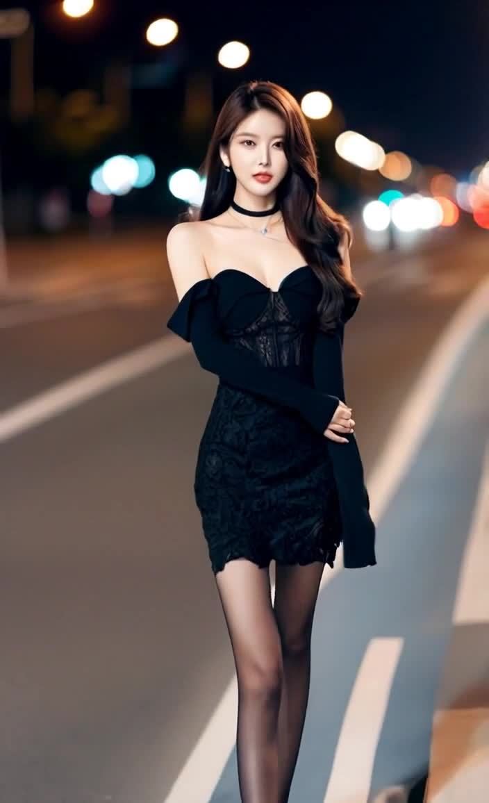 一个年轻女子站在一条马路中间，穿着一件黑色露肩连衣