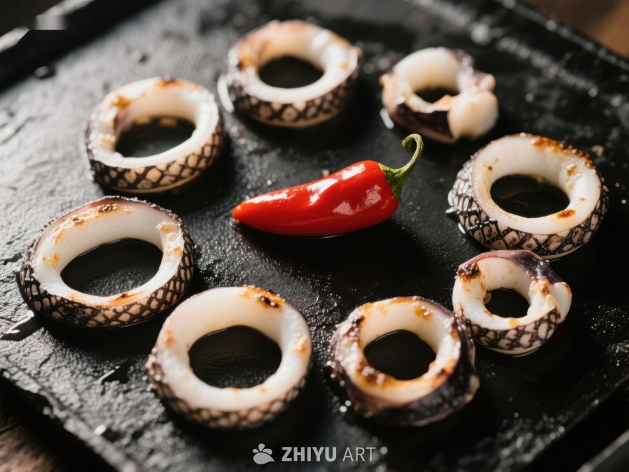 鱿鱼圈配红辣椒，黑色石板上