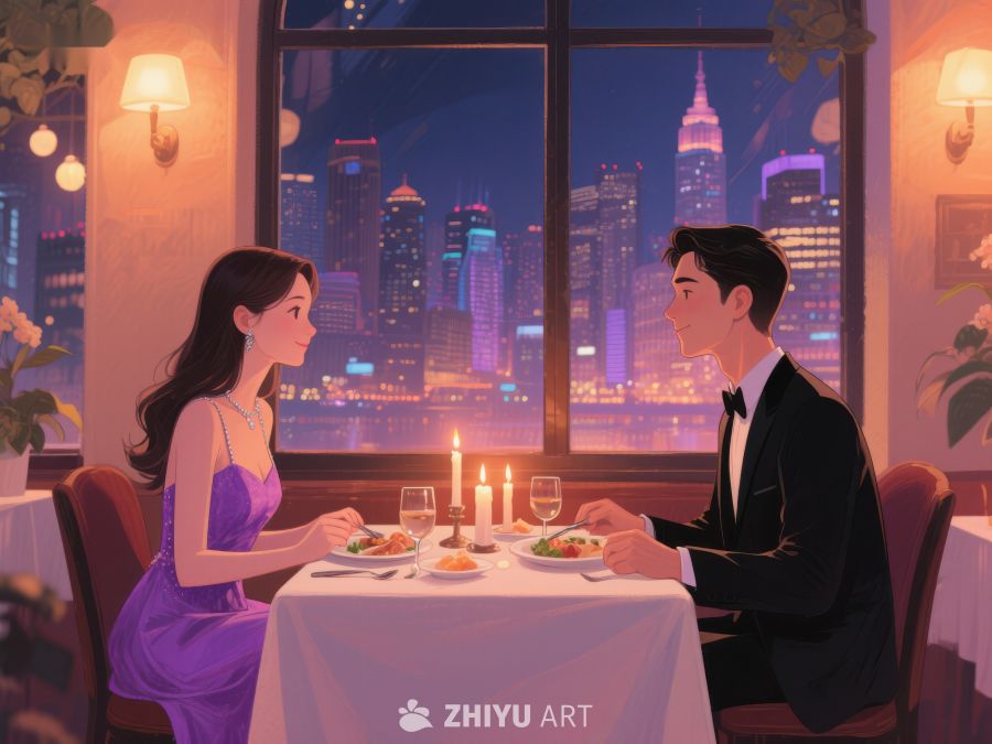 情侣在城市夜景中享用晚餐 547