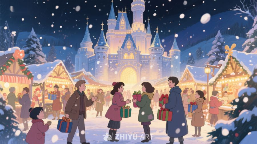 冬夜城堡前的圣诞集市 29