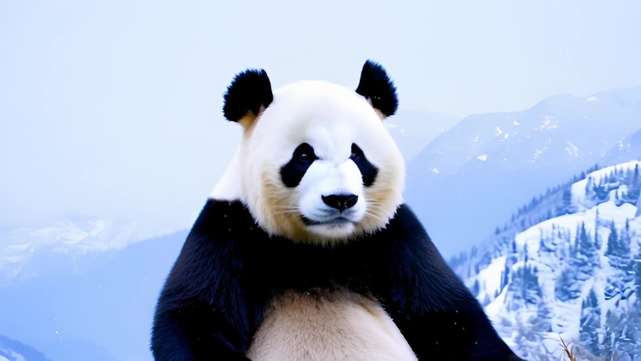 一只熊猫位于雪山背景前，其皮毛颜色为黑白相间。雪山