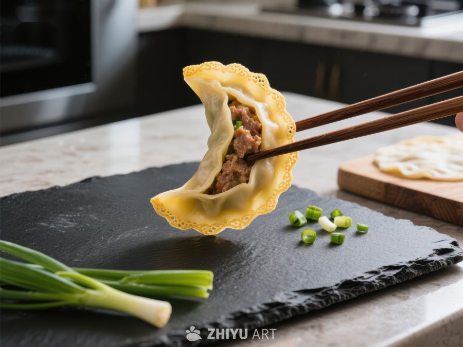 筷子夹起热腾腾的煎饺 456