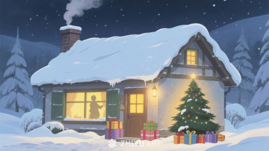 雪夜温馨小屋与圣诞树 331