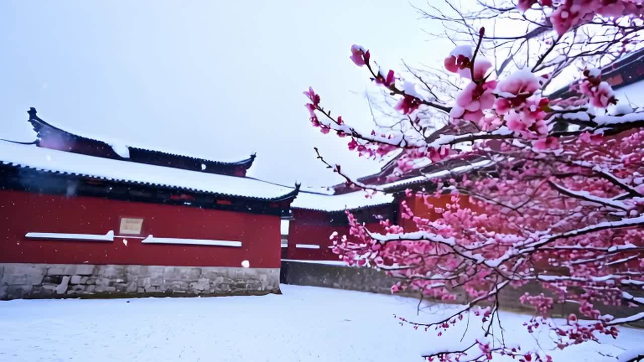 雪花飘落，粉色梅花在枝头绽放。画面中可见覆盖着白雪