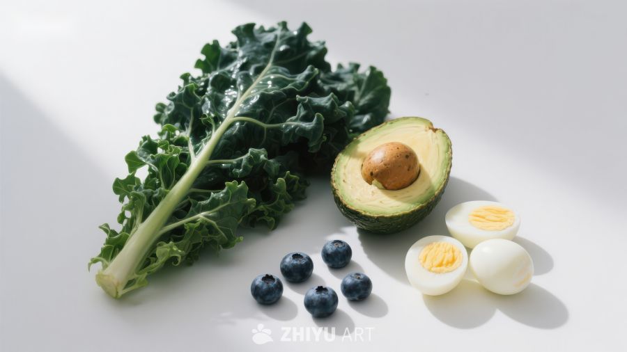 健康食材组合：羽衣甘蓝、牛油果、蓝莓与鸡蛋