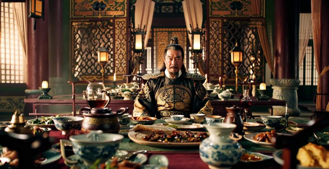 宴会场景中，一位身着华贵中国古代服饰的男子坐在桌前