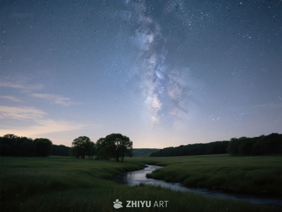 银河横跨夜空，溪流蜿蜒草地 538