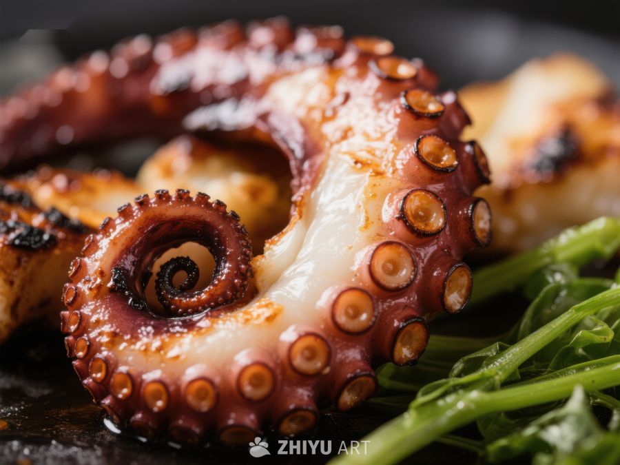 烤制章鱼搭配绿叶蔬菜