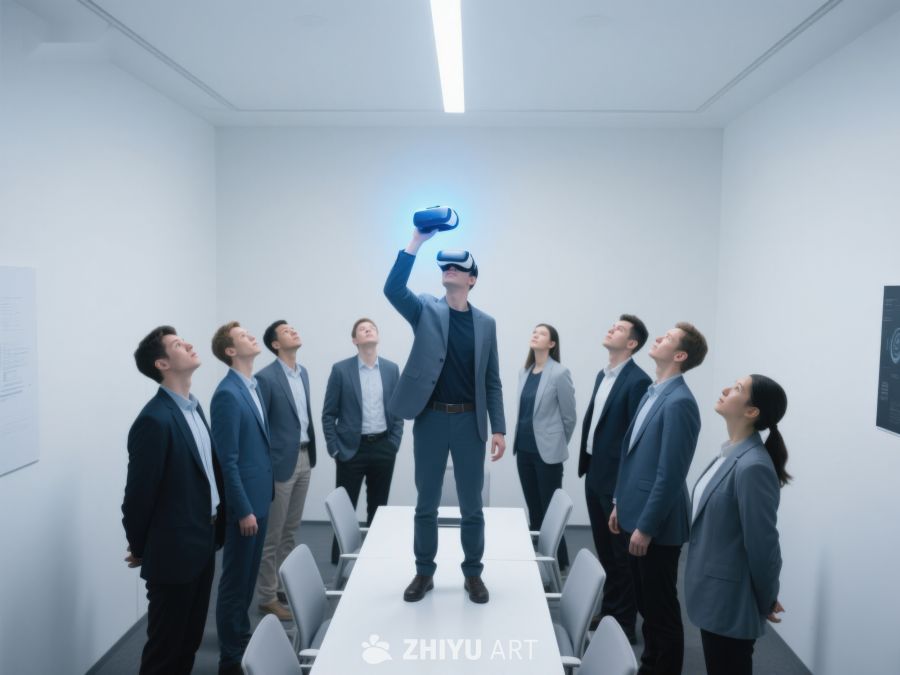 团队成员观看虚拟现实演示 432