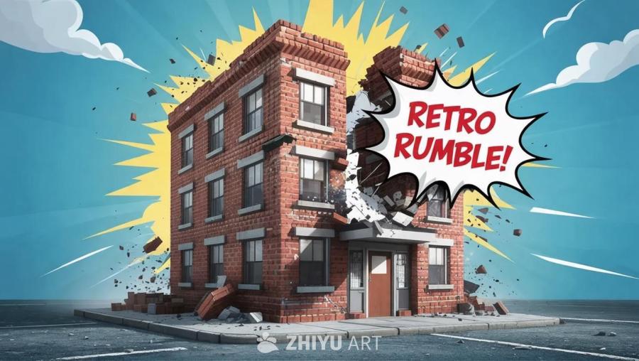 一座砖砌建筑正在崩塌，同时弹出一个写着“RETRO