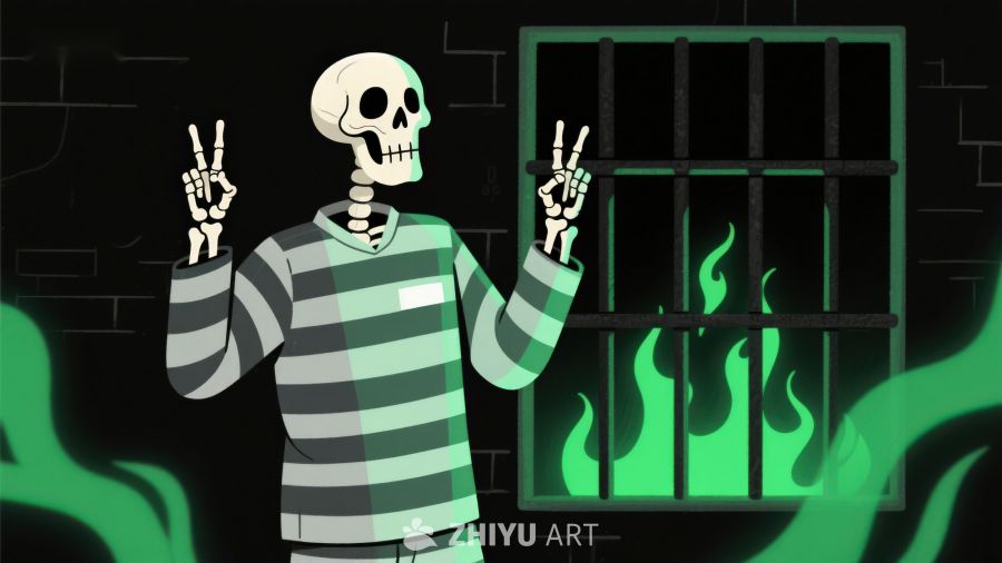骷髅囚犯在狱中比出和平手势