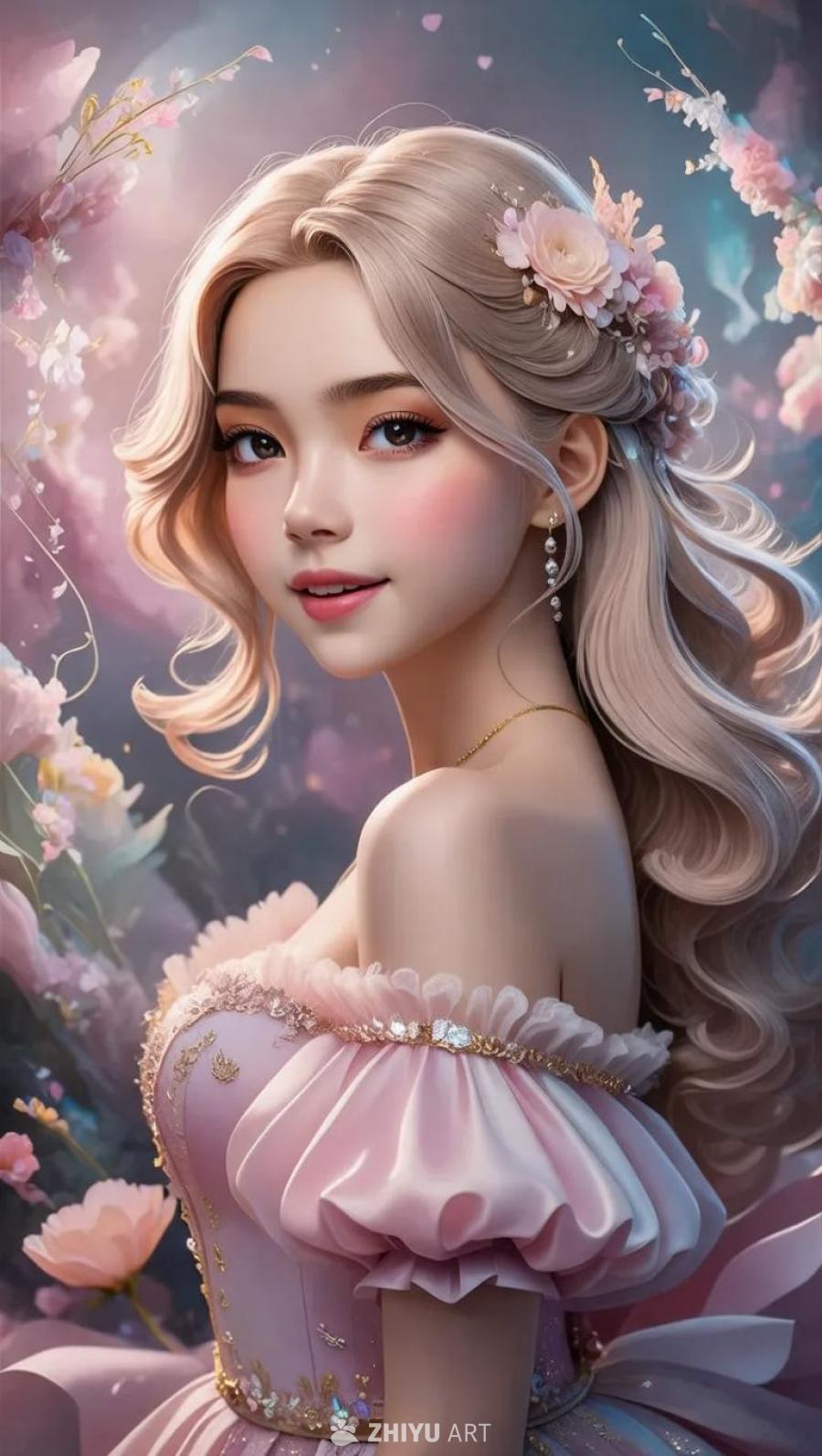 一个年轻女子穿着粉色礼服，留着金色的波浪长发。她的